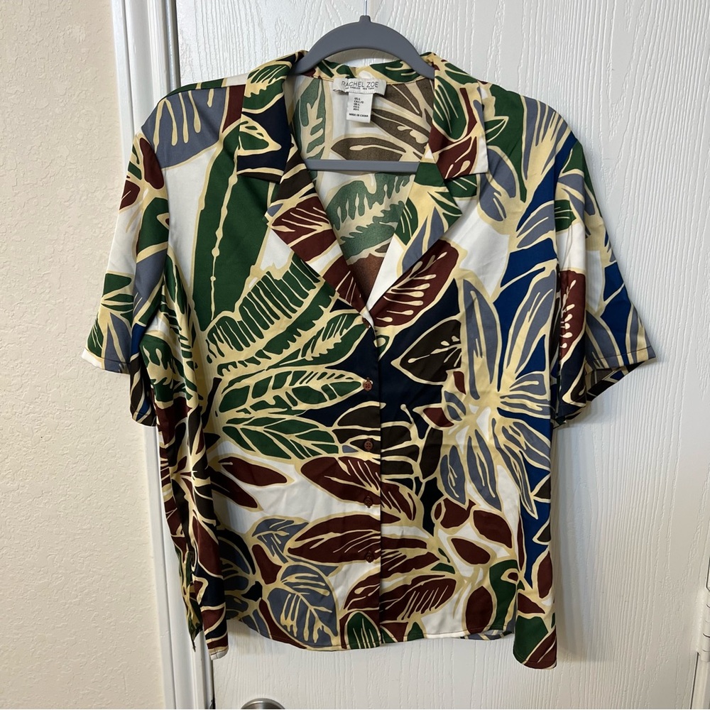 Rachel Zoe Button Down Floral Hawaiian Short-Sleeve Satin Blouse, Women's L